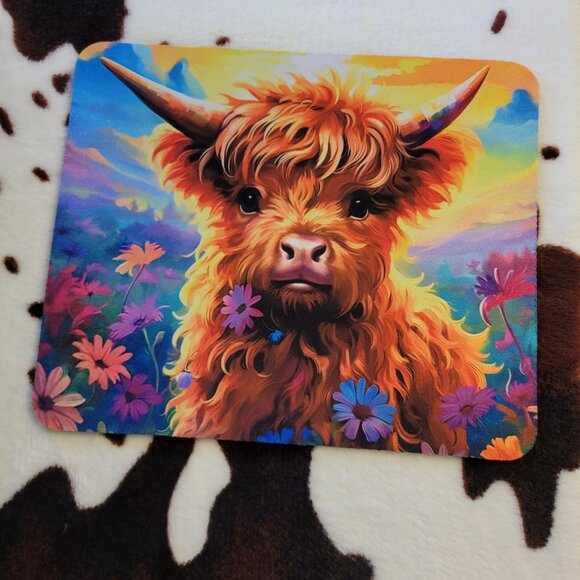 Baby Highland Cow Floral Computer Non Slip Custom Mouse Pad Handmade - Picture 9 of 10